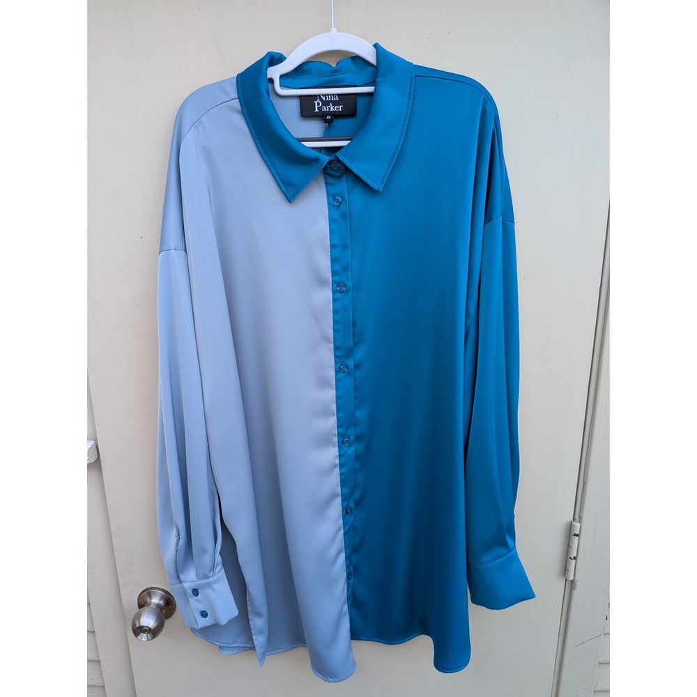 Nina Parker Colorblock Oversized Button Down Shirt Teal Blue Light Gray‎ 4X